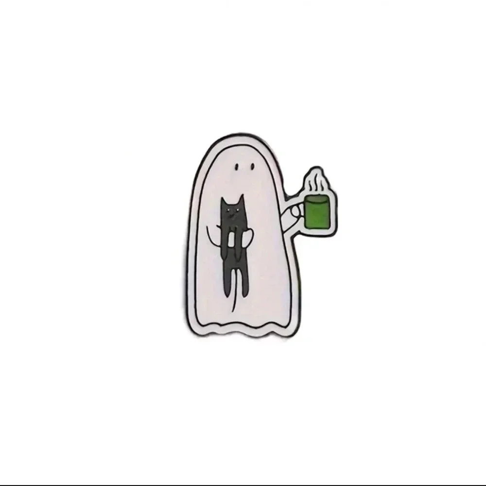 Enamel pins women's ghost cat funny white black bag purse charm jewelry mug coff - Picture 3 of 6